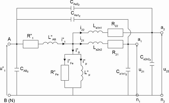 Rys. 1. Schemat zastępczy indukcyjnego przekładnika napięciowego z dwoma uzwojeniami wtórnymi dla częstotliwości do 10 kHz