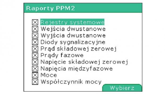 Rys. 3. Okno edycji typów wysyłanych raportów w urządzeniu Mupasz 710plus