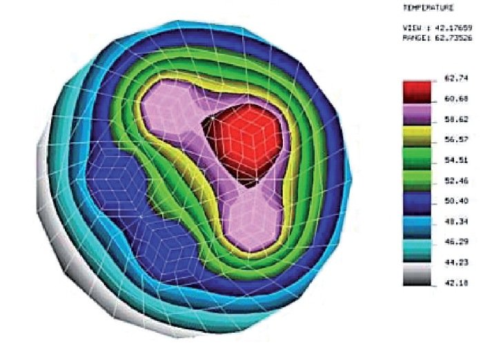 Rys. 1. Mapa rozkładu temperatury, w [°C], odosobnionego przewodu pięciożyłowego, o żyłach miedzianych o przekroju znamionowym 2,5 mm2, w izolacji i osłonie z polichlorku winylu (PVC), ułożonego w powietrzu, przy obciążonych trzech żyłach fazowych przewo.