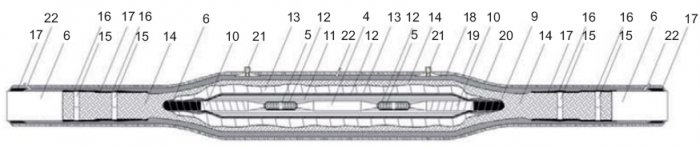 Rys. 4. Konstrukcja mufy, gdzie: 1 – żyła robocza, 2 – ekran na żyle roboczej, 3 – izolacja XLPE, 4 – odcinek uzupełniający, 5 – złączka kablowa, 6 – powłoka zewnętrzna kabla, 7 – pancerz, 8 – powłoka ołowiana, 9 – ekran na izolacji, 10 – izolacja papier.