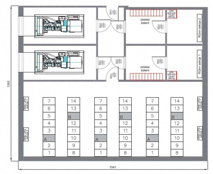 Rys. 1. Rozmieszczenie poszczególnych urządzeń i szaf typu RACK na podkładzie architektonicznym [34]