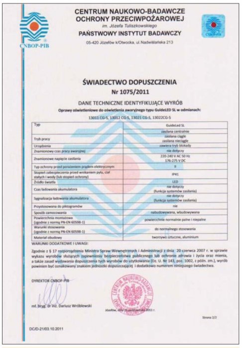 Fot. 1. Przykładowa druga strona świadectwa dopuszczenia [5]