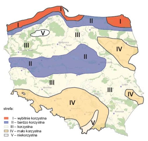 Rys. 1. Strefy energetyczne wiatru w Polsce [10]