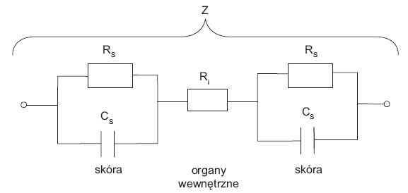 Rys. 1. Schemat zastępczy impedancji ciała człowieka wg Freibergera, gdzie: RS – rezystancja skóry, Ri – rezystancja wewnętrzna ciała, CS – pojemność skóry