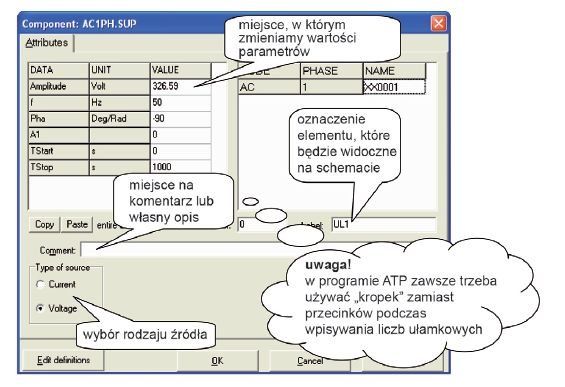 Rys. 2 Źródło AC Type 14, gdzie: AMPLITUDE – wartość amplitudy przebiegu sinusoidalnego
odpowiednio prądowego w amperach lub napięciowego w woltach
(domyślna wartość 10 000), f – częstotliwość przebiegu (domyślna
wartość 60 Hz), A1 – parametr określaj.