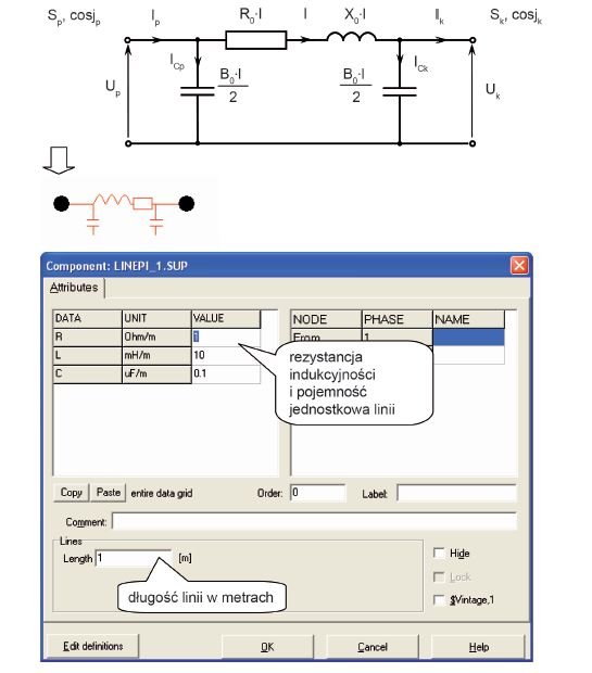 Rys. 2 Schemat zastępczy typu π linii z pominiętą gałęzią reprezentującą upływność
linii (G0=0) i jego odpowiednik w pakiecie ATP (element z grupy LINES/
CABLES → LUMPED → RLC Pi-equiv.1 → 1 phase)
