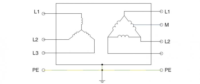 Rys. 4. Schemat ideowy uzwojeń transformatora 3×400/3×200 + 2×100 V
