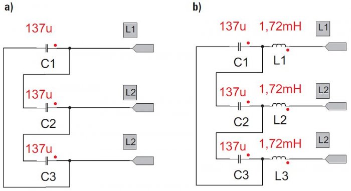Rys. 3. Schemat jednej sekcji baterii kompensacyjnej mocy biernej 25 kVar/440/50 Hz: a) sekcja baterii kompensacyjnej dla trójfazowej sieci symetrycznej o pomijalnie małej zawartości harmonicznych prądu:
5, 7, 11, …, b) sekcja baterii kompensacyjnej z d.
