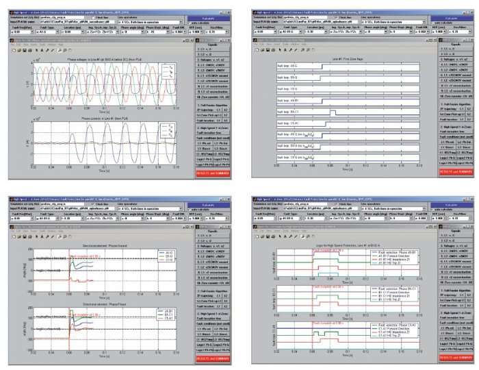 Rys. 3. Przykładowe ekrany programu do analizy algorytmu zabezpieczeniowego linii dwutorowej, m.in. sygnały wejściowe z modelu symulacyjnego – napięcia i prądy z wyjść przekładników pomiarowych, flagi sygnalizujące rodzaj wykrytego zwarcia i wskaźniki wy.