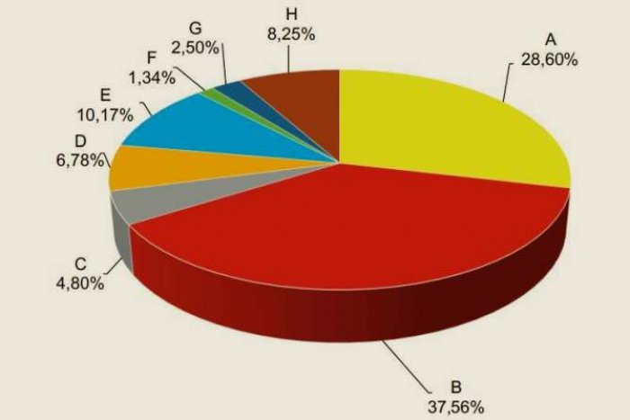 Rys. 1. Udział poszczególnych grup urządzeń w całkowitej liczbie awarii w liniach napowietrznych SN wykonanych przewodami gołymi (oznaczenia jak w tabeli 2.).