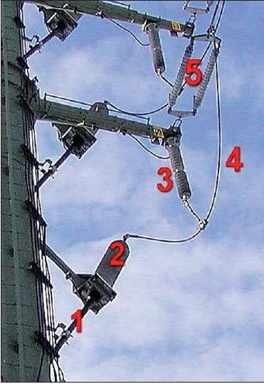 Fot. 4. Uzbrojenie słupa WN 110 kV z głowicami kablowymi, gdzie: 1 – kabel wysokiego napięcia
(110 kV), 2 – głowica kablowa, 3 – ogranicznik przepięć, 4 – mostek łączący głowicę kablową z przewodem linii napowietrznej, 5 – izolator linowy