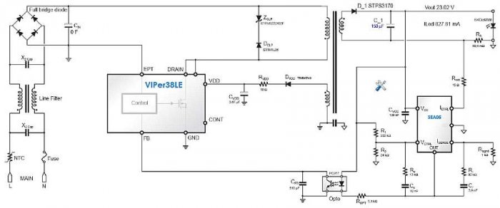 Rys. 1. Układ zasilacza dla 6 diod LED (If = 1 A, Uf = 4 V) zasilanych z sieci 230 V/50 Hz