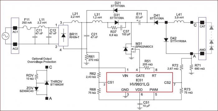 Rys. 2. Zasilacz dla diod LED zbudowany w konfiguracji obniżającej napięcie wraz z korektorem współczynnika mocy PFC, sprawność 0,83, λ =0,98. Układ firmy Supertex [10]