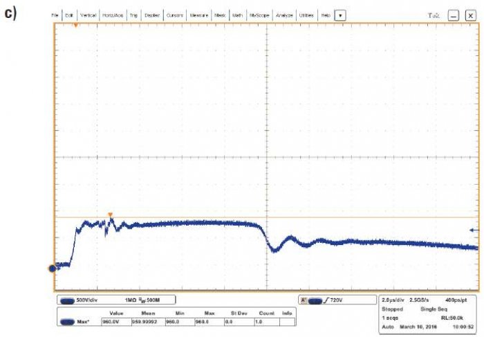 Rys. 3c. Rzeczywiste przebiegi napięć na warystorze – 500 V/div, 2 μs/div