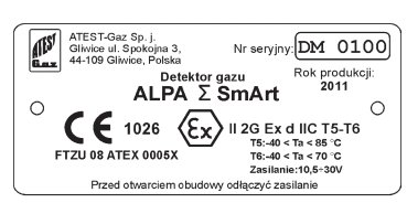 Rys. 1.  
Przykład tabliczki znamionowej dla detektora gazu firmy Atest-Gaz A.M. ­Pachole Sp.j.