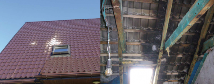 Rys. 4. Przykład uszkodzeń wywołanych przez przeskoki iskrowe w przypadku metalowego pokrycia dachowego