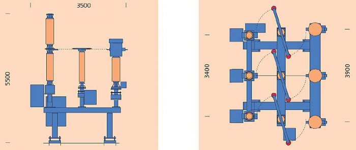 Rys. 2. Kompaktowe pole Simobreaker z odłącznikiem obrotowym, podane wymiary pola w mm [11