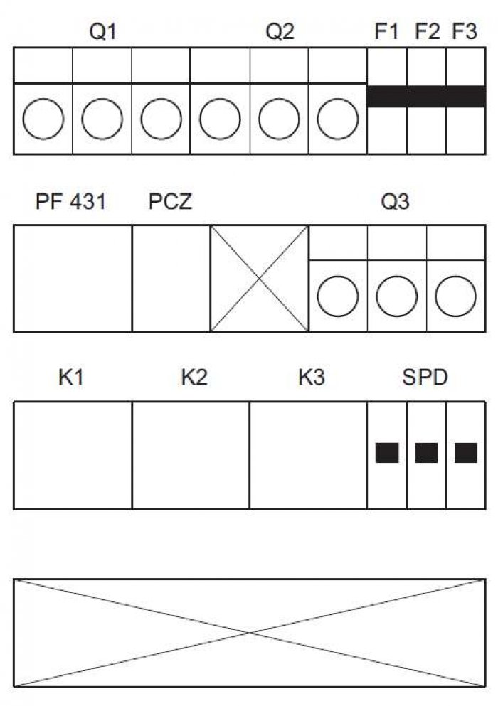 Rys. 5. Schemat montażowy rozdzielnicy oświetlenia
Uwaga! Instalacja wewnątrz słupa w II klasie ochronności, zgodnie z normą PN-IEC 60364-7-714:2003 Oprawy oświetleniowe i słupowe, złącza kablowe w II klasie ochronności. Elektroenergetyczne linie kablow.