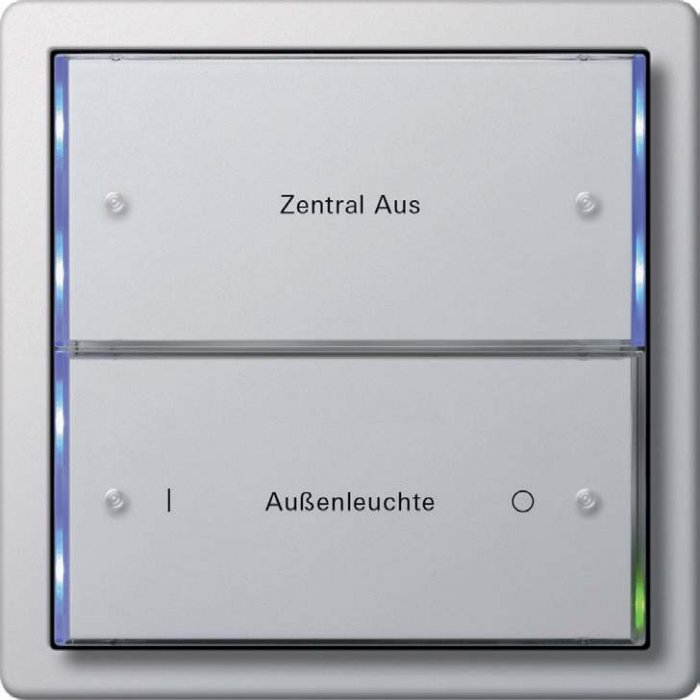 Typowy dla KNX przycisk dwuklawiszowy (czteroprzyciskowy) Gira F100.
