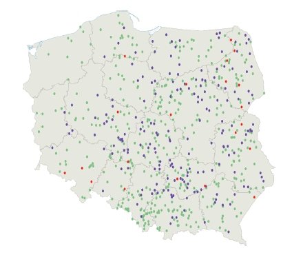 Rys. 2.  
Wszystkie pożary spowodowane przez wyładowania piorunowe w Polsce w ciągu całego 2010 roku [5]