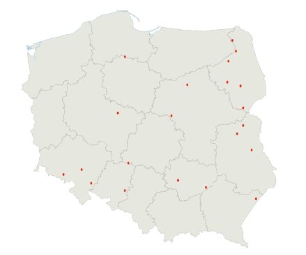 Rys. 3.  
Duże pożary spowodowane przez wyładowania piorunowe w Polsce w ciągu 2010 roku [5]