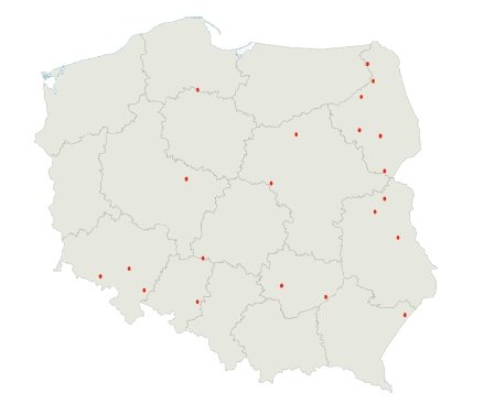 Rys. 3.  
Duże pożary spowodowane przez wyładowania piorunowe w Polsce w ciągu 2010 roku [5]