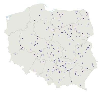 Rys. 4.  
Średniej wielkości pożary spowodowane przez wyładowania piorunowe w Polsce w ciągu 2010 roku [5]