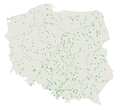 Rys. 5.  
Małej wielkości pożary spowodowane przez wyładowania piorunowe w Polsce w ciągu 2010 roku [5]
