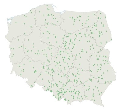 Rys. 5.  
Małej wielkości pożary spowodowane przez wyładowania piorunowe w Polsce w ciągu 2010 roku [5]