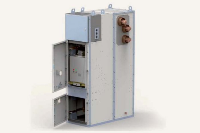 Fot.  Czteroprzedziałowa rozdzielnica o izolacji powietrznej typu RELF z pojedynczym układem szyn zbiorczych, na napięcie znamionowe do 40,5 kV prod. ZPUE SA