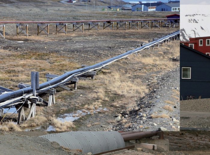 Longyearbyen – linie kablowe prowadzone w rurach ochronnych układanych na konstrukcjach
wsporczych