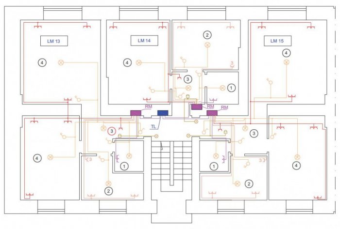 rys 1 plan instalacji w lokalach mieszkalnych na iv pietrze i klatki schodowej