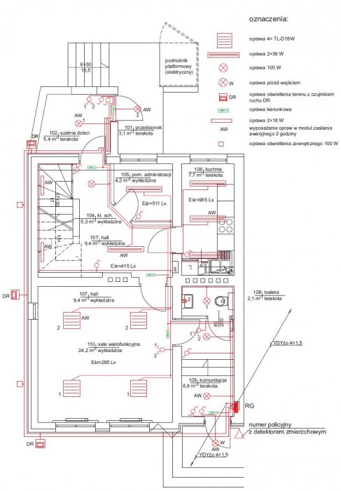 rys 7 plan instalacji oswietlenia rzut parteru