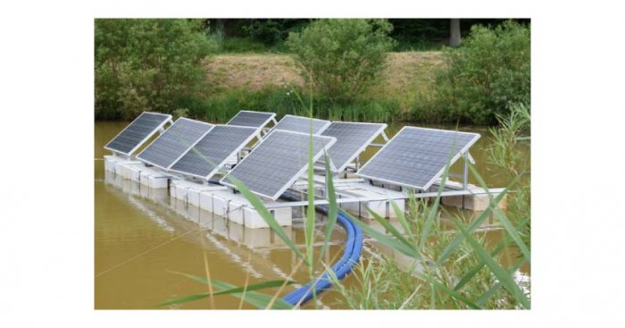 Farma fotowoltaiczna z panelami pv na wodzie przy elektrowni wodnej w Łapinie
Fot. Energa