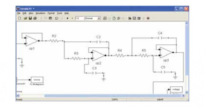 Okno programu Simulink z projektem filtru dolnoprzepustowego piątego rzędu