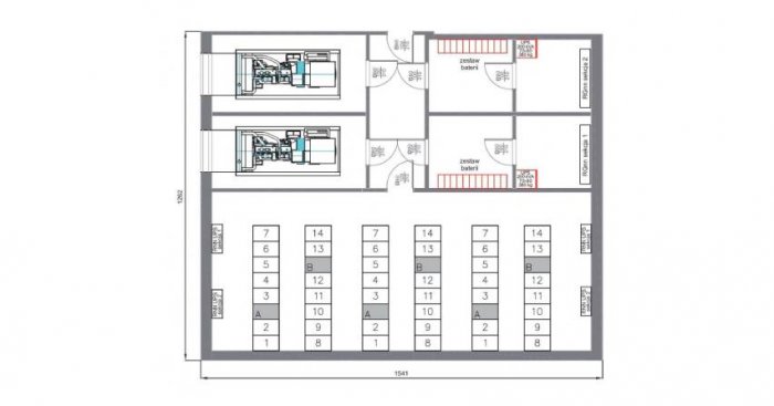 Rys.&nbsp;1. Rozmieszczenie poszczeg&oacute;lnych urządzeń i szaf typu RACK na podkładzie architektonicznym [34]