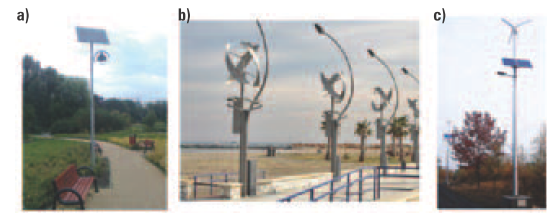 Fot. 1. Przykład instalacji prosumenckich - sieć oświetlenia ulicznego wraz ze: źródłem PV – Warszawa, fot. autor (a), turbiną wiatrową o osi pionowej – Malaga w Hiszpanii, źródło: [26] (b), układem hybrydowym – Łódź, fot. Nova ¬Light (c)