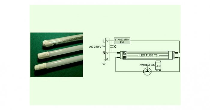 Tuby LED i schemat elektryczny ich podłączenia w oprawie oświetleniowej [2]
rys. archiwum autora