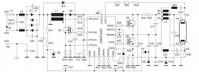 rys 8 schemat ideowy zasilacza lampy wraz korektorem pfc z firmy infineon