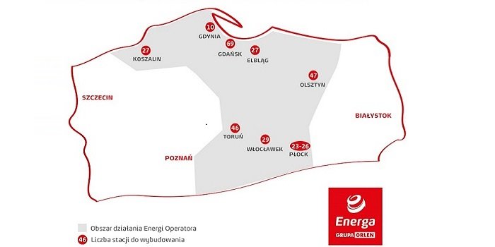 Lokalizacja stacji ładowania pojazd&oacute;w, kt&oacute;re planuje wybiudować Energa-Operator. Fot. Energa-Operator