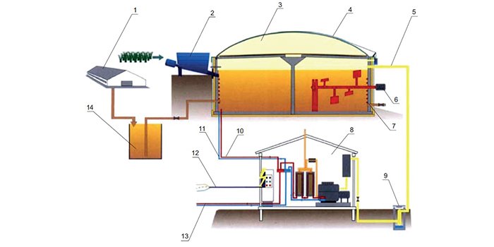 Rys. Schemat instalacji biogazowni zasilanej biomasą roślinną i gnojowicą [1], gdzie: 1 &ndash; obora/chlewnia; 2 &ndash; system podawania biomasy; 3 &ndash; zbiornik fermentacyjny; 4 &ndash; membrana zbiornika biogazu; 5 &ndash; rurociąg biogazowy; 6 &ndash; mieszadło, 7 &ndash; instalacja grzewcza; 8 &ndash; pomieszczenie z agregatem; 9 &ndash; osuszacz; 10 &ndash; rurociąg doprowadzający energię cieplną; 11 &ndash; rurociąg odprowadzający wodę ochłodzoną; 12 &ndash; kabel elektryczny; 13 &ndash; rurociąg ciepłowniczy; 14 &ndash; zbiornik gnojowicy, rys. S. Derehajło, Z. Skibko
