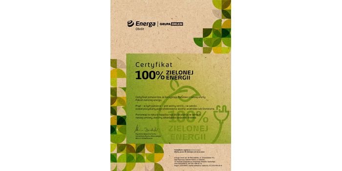 Certyfikat z gwarancją pochodzenia zakupionej energii. Fot.: Energa