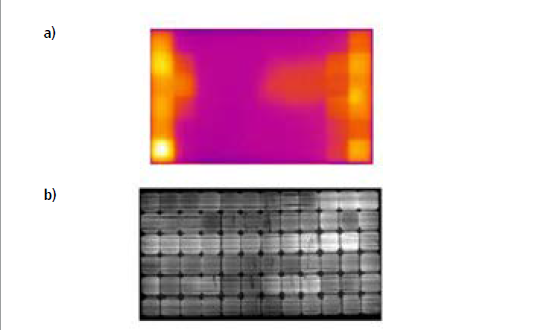 Przykładowy wygląd potencjalnych miejsc powstawania gorących punktów, widocznych na obrazach: a) termowizyjnym i b) elektroluminescencyjnym [18]