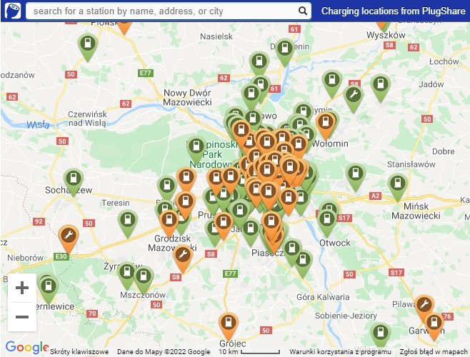 mapa ladowarek samochodowych