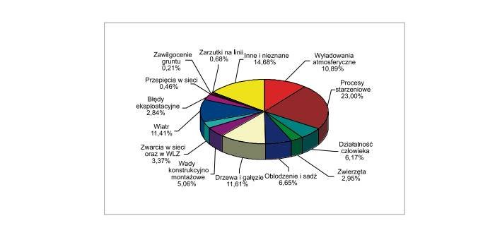 Rys. 10. Procentowy udział przyczyn awarii linii napowietrznych nn