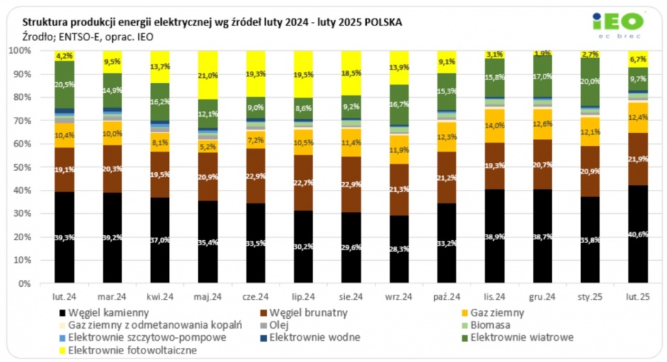 wykres graficzny obrazujący produkcję energii według źródeł w lutym 2025 