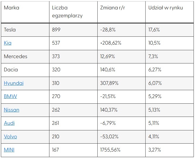 tabela: sprzedaz marek elektrycznych w Polsce w I kw. 2025